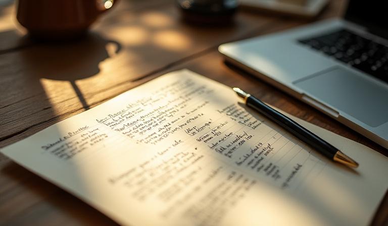 Hand-written notes and a laptop on an oak desk with organic shadows