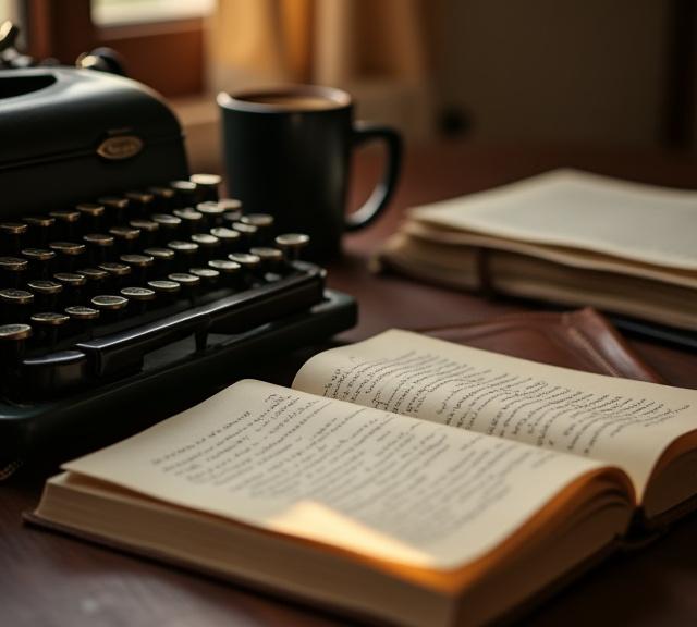 Close up of a vintage typewriter and a leather-bound journal on an author's desk