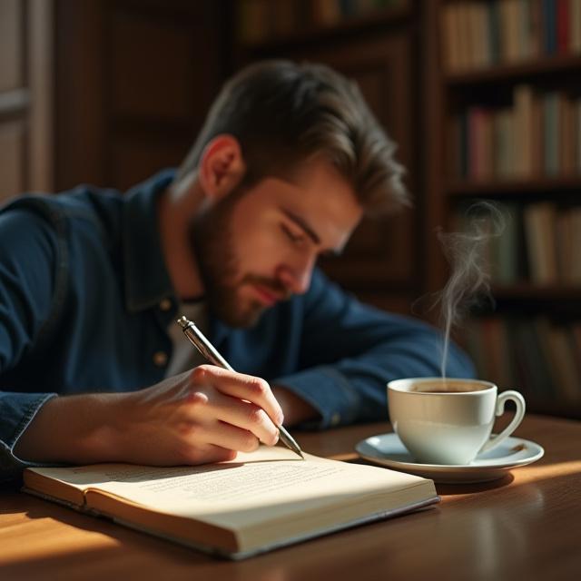 Creative writer focused on a manuscript in a cozy setting