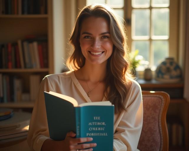 Student holding their published novel in a light-filled room