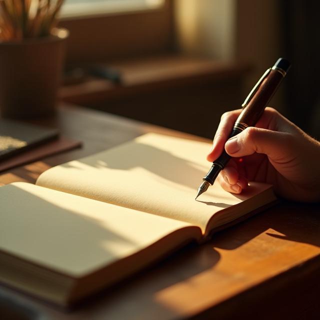 Close up of a hand writing in a journal with warm sunlight