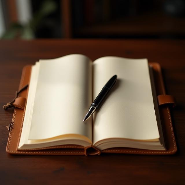 A vintage leather journal with an ink pen on a wooden desk